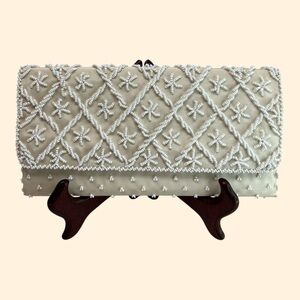 1960s Vintage White Satin Beaded Clutch with Matching Gloves